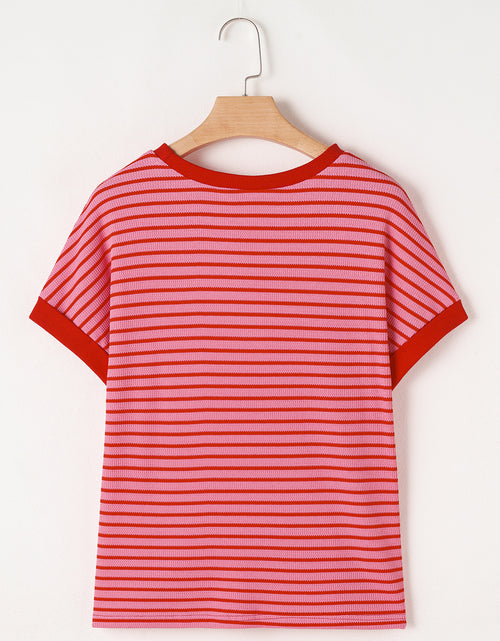 Load image into Gallery viewer, Pink Stripe Knitted Round Neck T Shirt
