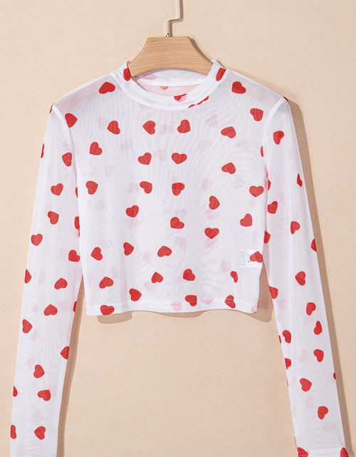 Cargar imagen en el visor de la galería, White Heart Print Mesh Long Sleeve Top
