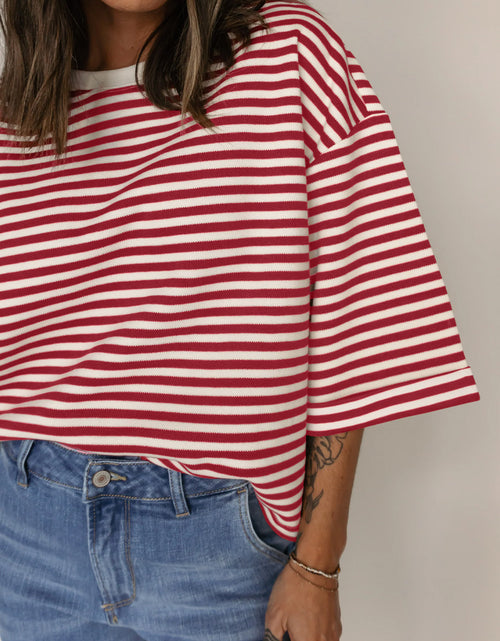 Load image into Gallery viewer, Red Striped Bowknot Backless T-Shirt
