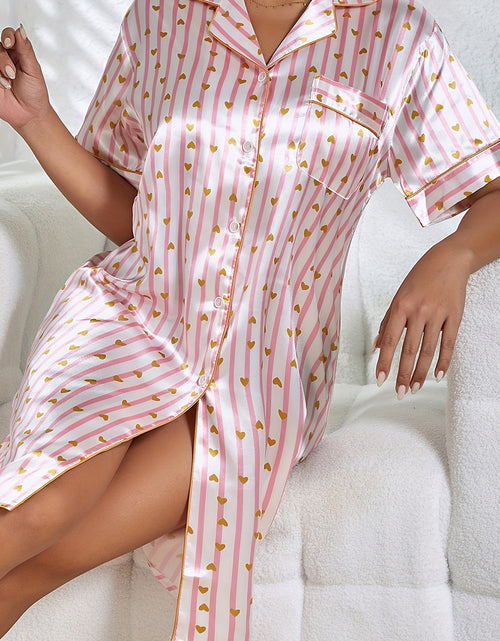 Bild in Galerie-Viewer laden, Pink Heart Print Striped Short Sleeve Button Up Pajama Dress
