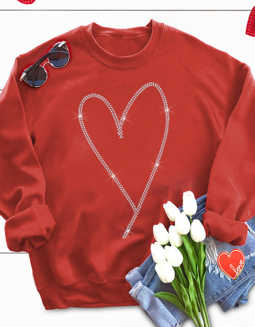 Cargar imagen en el visor de la galería, Red Casual Rhinestone Heart Shaped Graphic Sweatshirt
