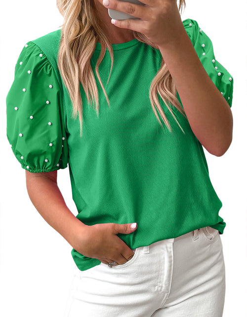 Load image into Gallery viewer, Bright Pink Pearl Beaded Puff Sleeve Ribbed Top
