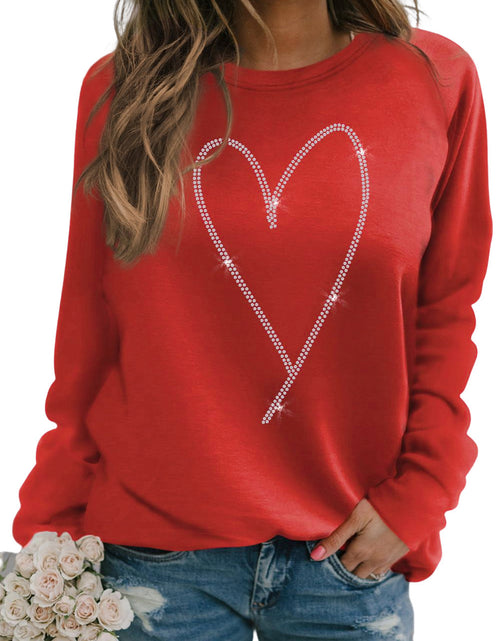 Cargar imagen en el visor de la galería, Red Casual Rhinestone Heart Shaped Graphic Sweatshirt
