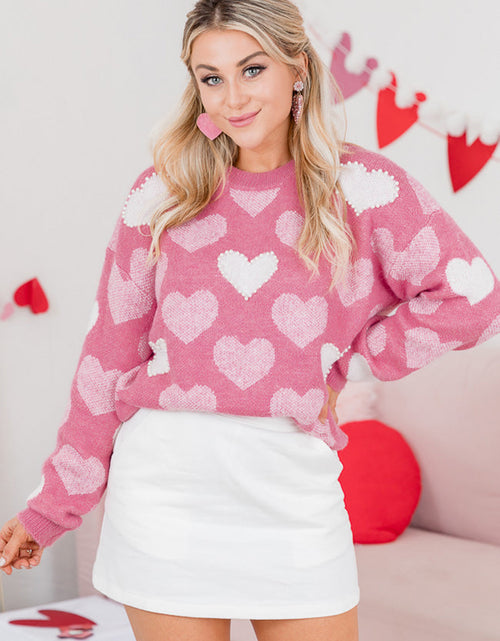 Bild in Galerie-Viewer laden, Pink Pearl Heart Print Valentines Crew Neck Sweater
