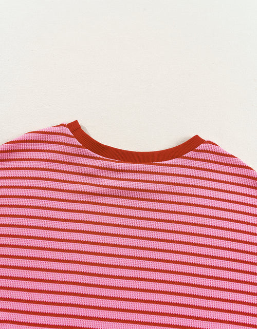 Load image into Gallery viewer, Pink Stripe Knitted Round Neck T Shirt

