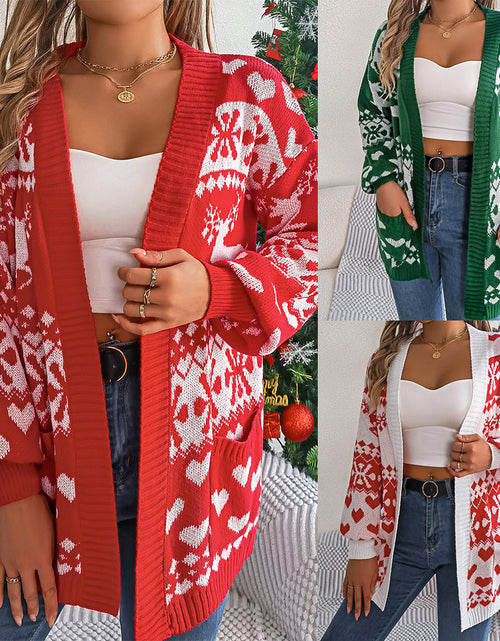 Load image into Gallery viewer, Christmas Clothes Women&#39;s Open Front Cardigan Knitwear Lantern Sleeve Xmas Printed Oversized Deer Sweater Pockets Knitted
