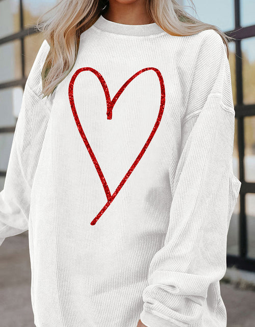 Cargar imagen en el visor de la galería, White Glitter Heart Print Corded Graphic Pullover Sweatshirt
